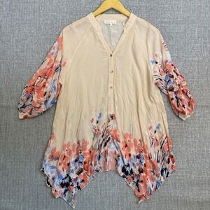 GrandAndGreene Floral Button Tunic Top Sz L Roll Tab Cottage Coastal‎ Sharkbite
